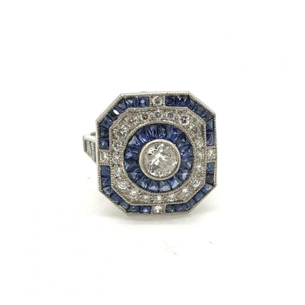 Diamond and Calibre Sapphire Target Cluster Dress Ring in Platinum