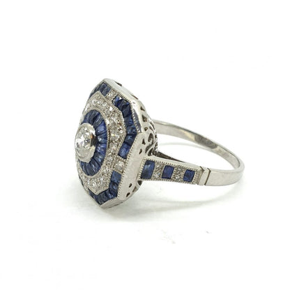 Diamond and Calibre Sapphire Target Cluster Dress Ring in Platinum