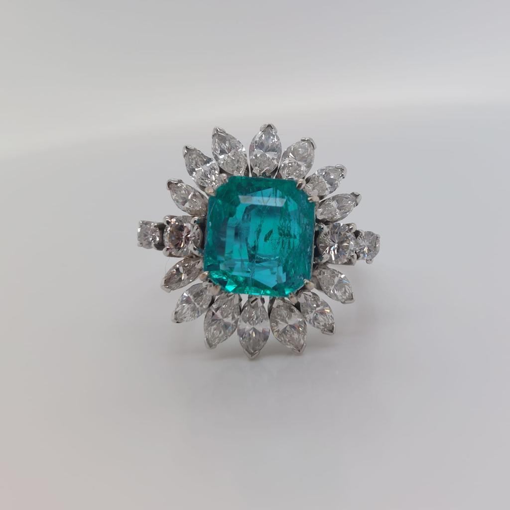 3.75ct Colombian Emerald and Marquise Diamond Floral Cluster Ring