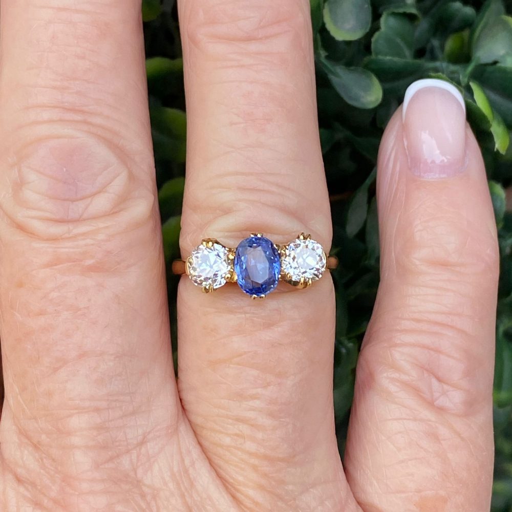 Natural Sapphire and Old Cut Diamond Three Stone Ring