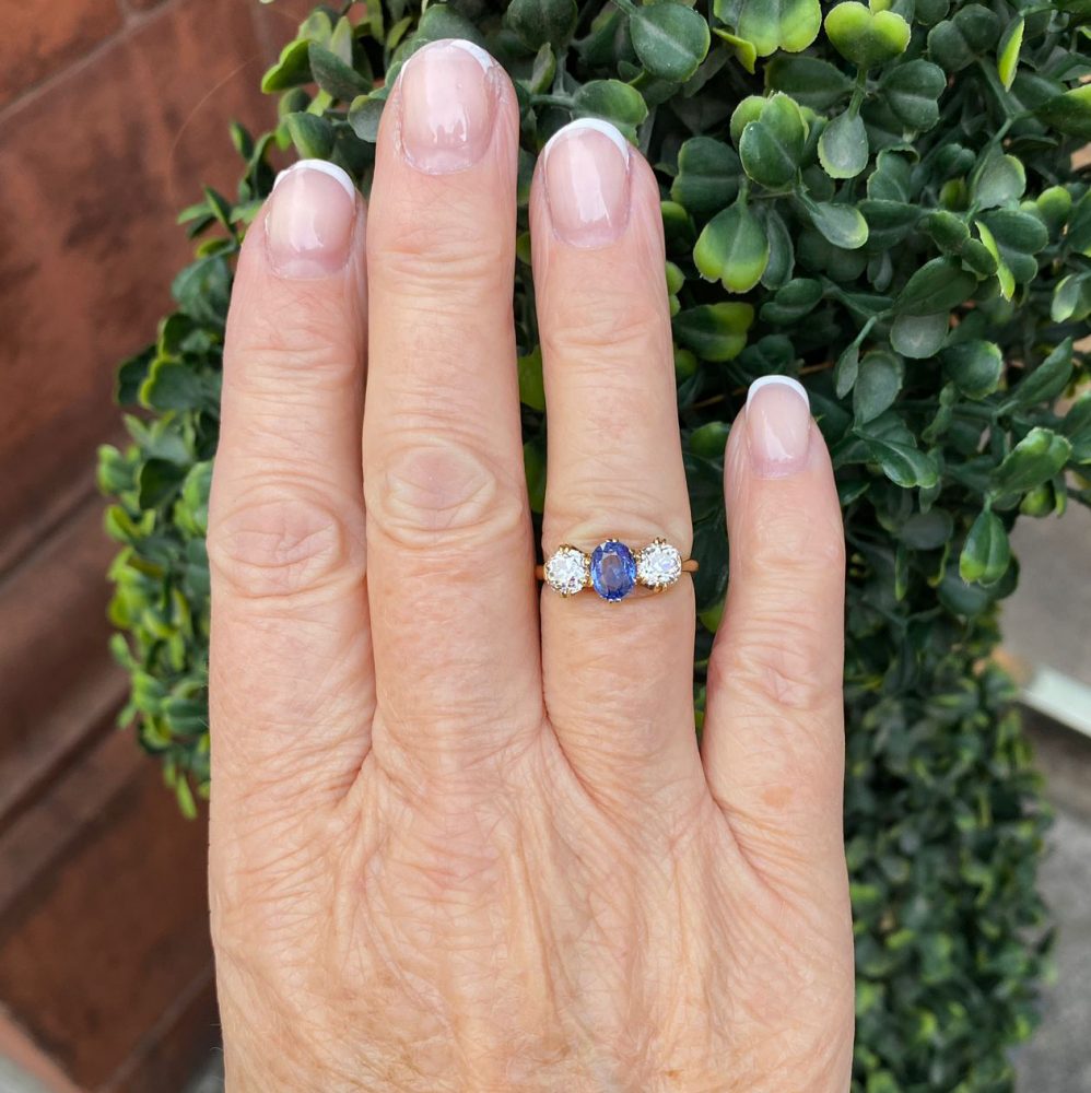 Natural Sapphire and Old Cut Diamond Three Stone Ring