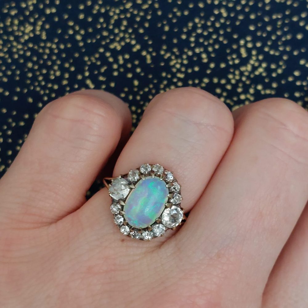 Magnificent Antique Victorian Natural Opal and 1.80ct Old Mine Diamond Ring