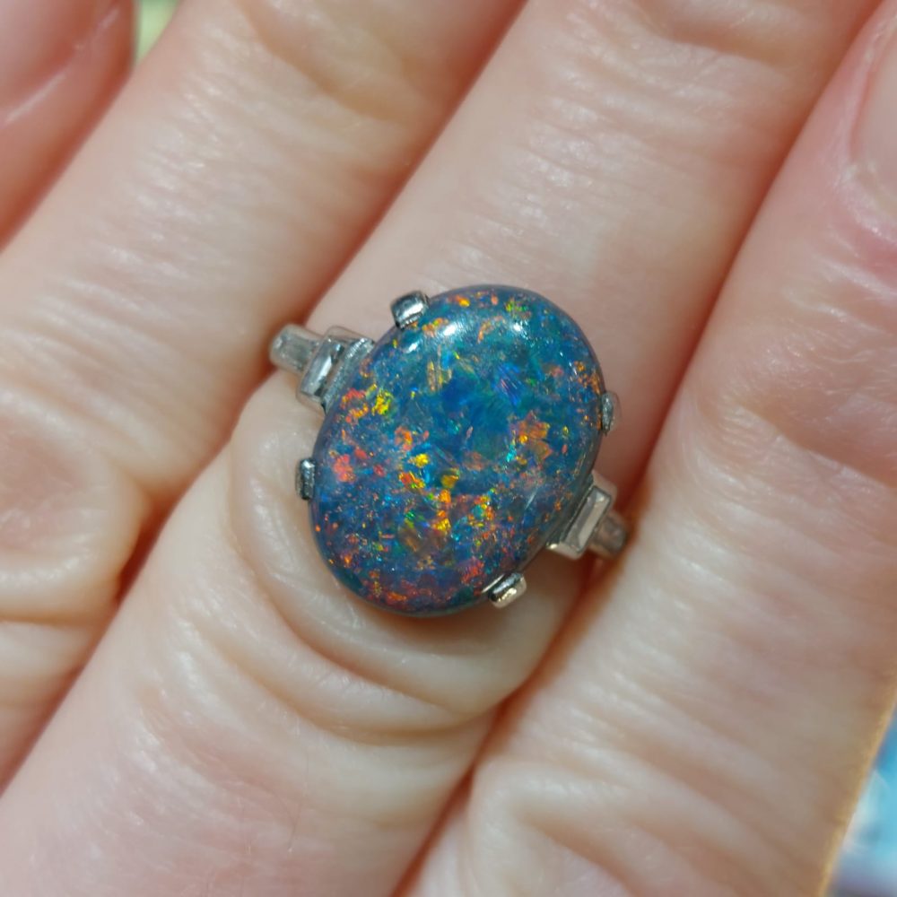 Antique Art Deco Black Opal Ring with Diamonds