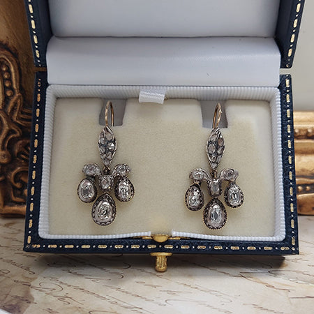 Georgian Antique 1.80ct Old Cut Diamond Pendeloque Earrings