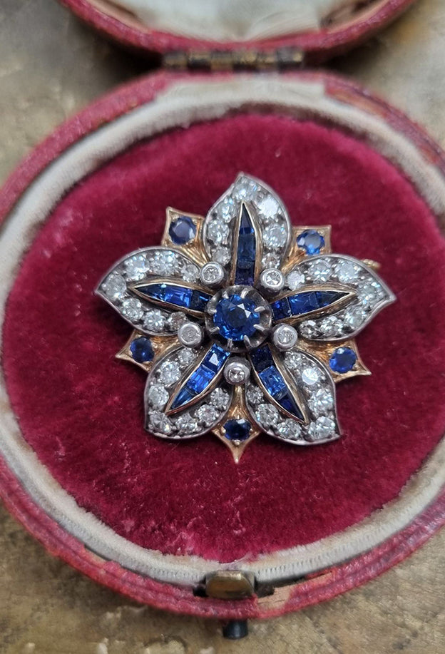 Antique Sapphire and Diamond Flower Five Point Brooch