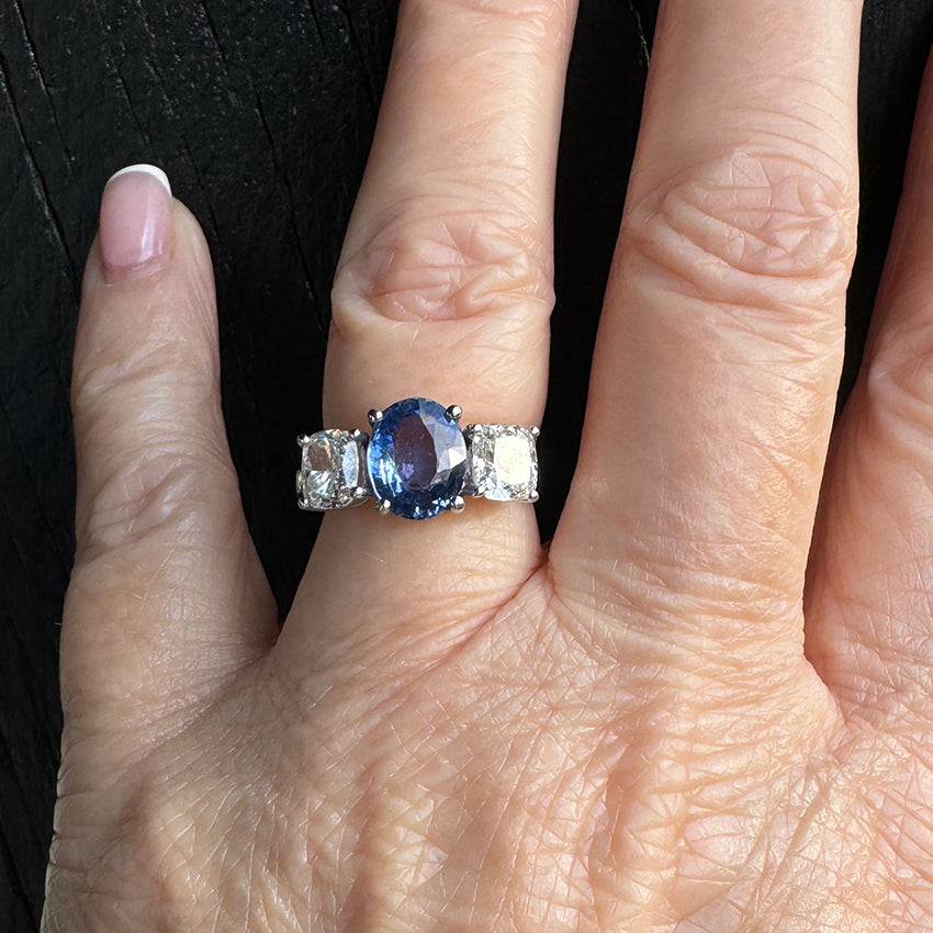 Vintage 2.52ct Natural Sapphire and Diamond Three Stone Engagement Ring