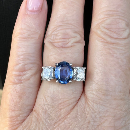 Vintage 2.52ct Natural Sapphire and Diamond Three Stone Engagement Ring