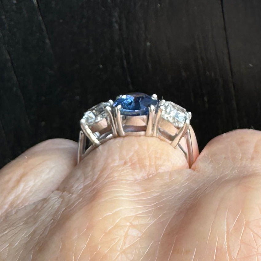 Vintage 2.52ct Natural Sapphire and Diamond Three Stone Engagement Ring