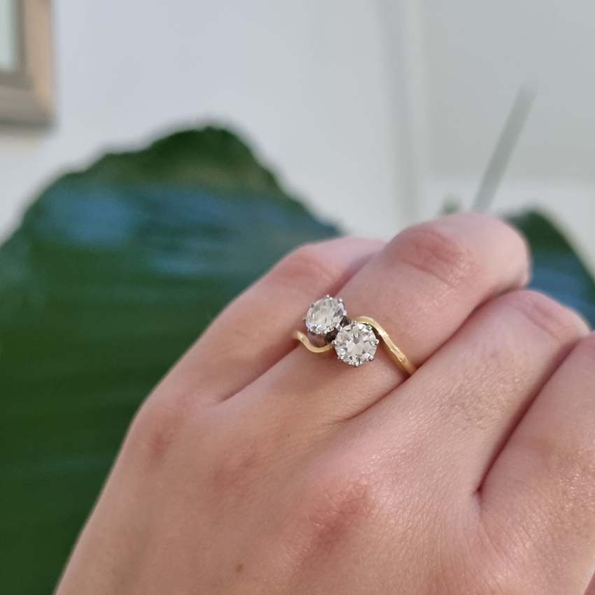 Vintage Two Stone Diamond Crossover Ring, 1.20 carat total