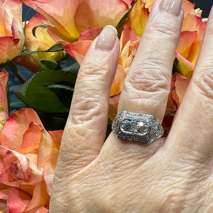 Art Deco Two Stone Cluster Diamond Ring in Platinum