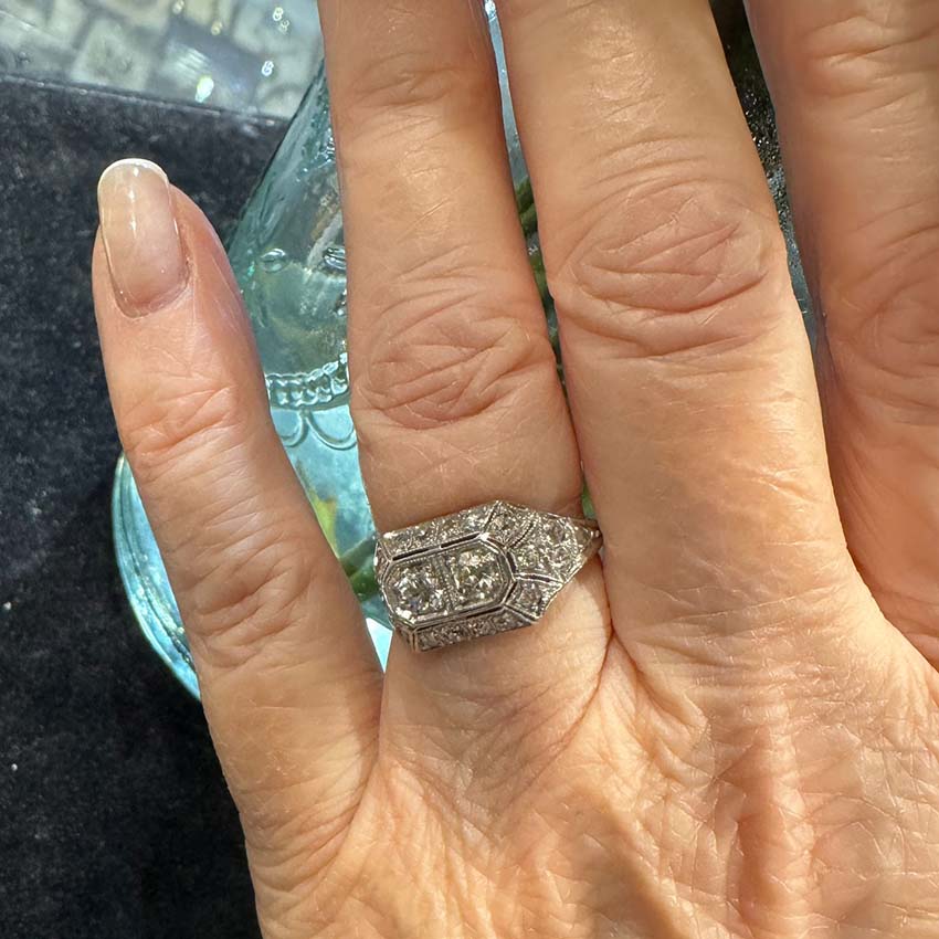 Art Deco Two Stone Cluster Diamond Ring in Platinum