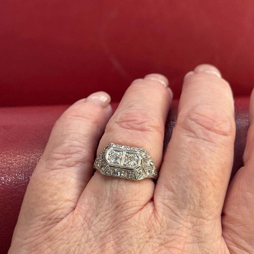 Art Deco Two Stone Cluster Diamond Ring in Platinum