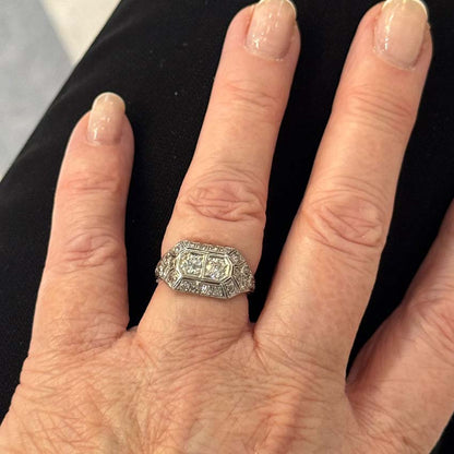 Art Deco Two Stone Cluster Diamond Ring in Platinum