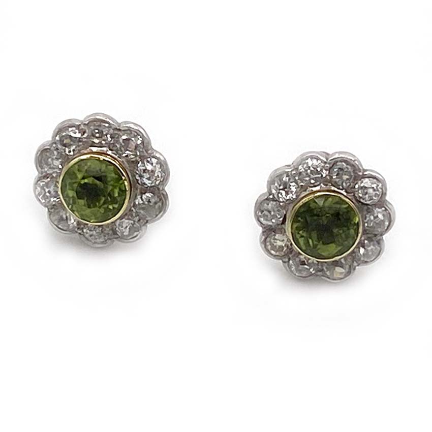 Edwardian 2.50ct Peridot and Diamond Cluster Stud Earrings