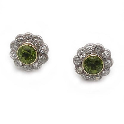 Edwardian 2.50ct Peridot and Diamond Cluster Stud Earrings