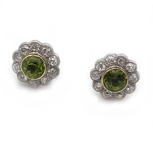Edwardian 2.50ct Peridot and Diamond Cluster Stud Earrings