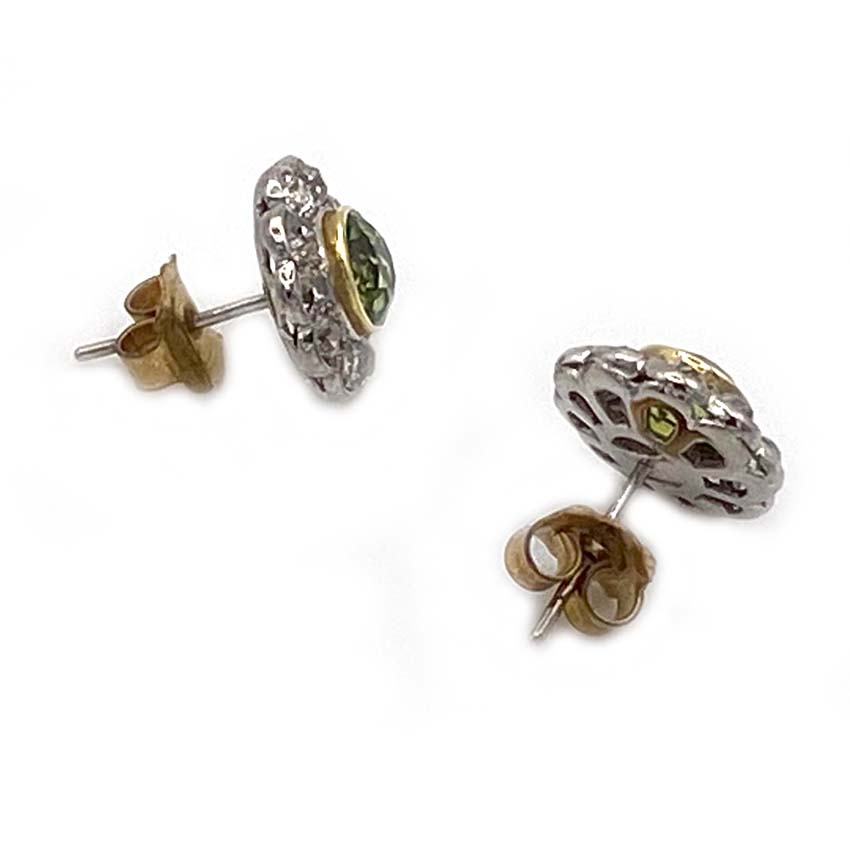 Edwardian 2.50ct Peridot and Diamond Cluster Stud Earrings