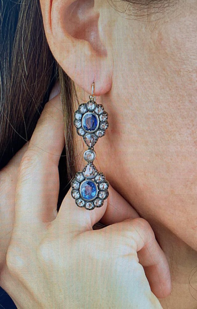 Antique 8.80ct Sapphire and Diamond Cluster Drop Earrings