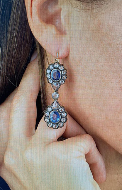 Antique 8.80ct Sapphire and Diamond Cluster Drop Earrings