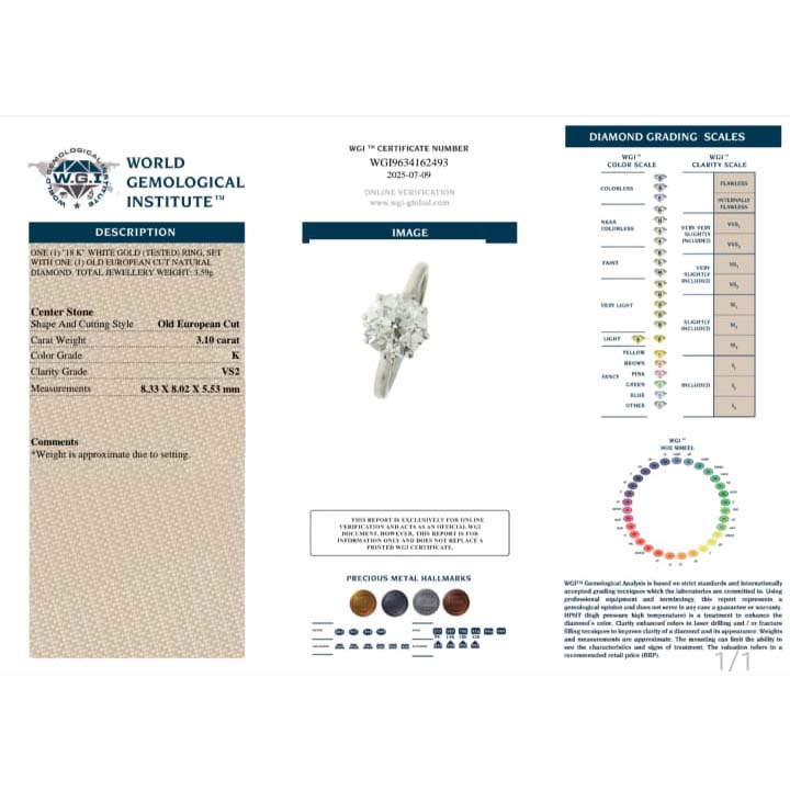 3.10ct Old European Cut Diamond Solitaire Engagement Ring