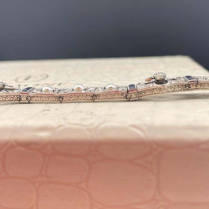 Edwardian Antique Natural Pearl Diamond and Sapphire Filigree Bracelet