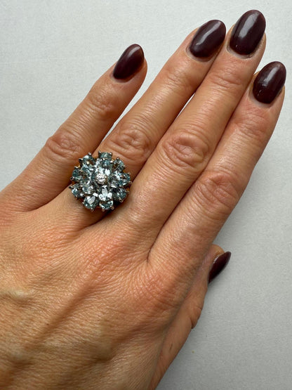 Vintage Tiffany Aquamarine and Diamond Flower Ring with Brooch come Pendant and Earrings Suite