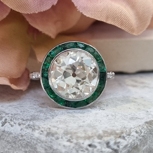 3.30ct Old Cut Diamond and Emerald Halo Cluster Engagement Ring