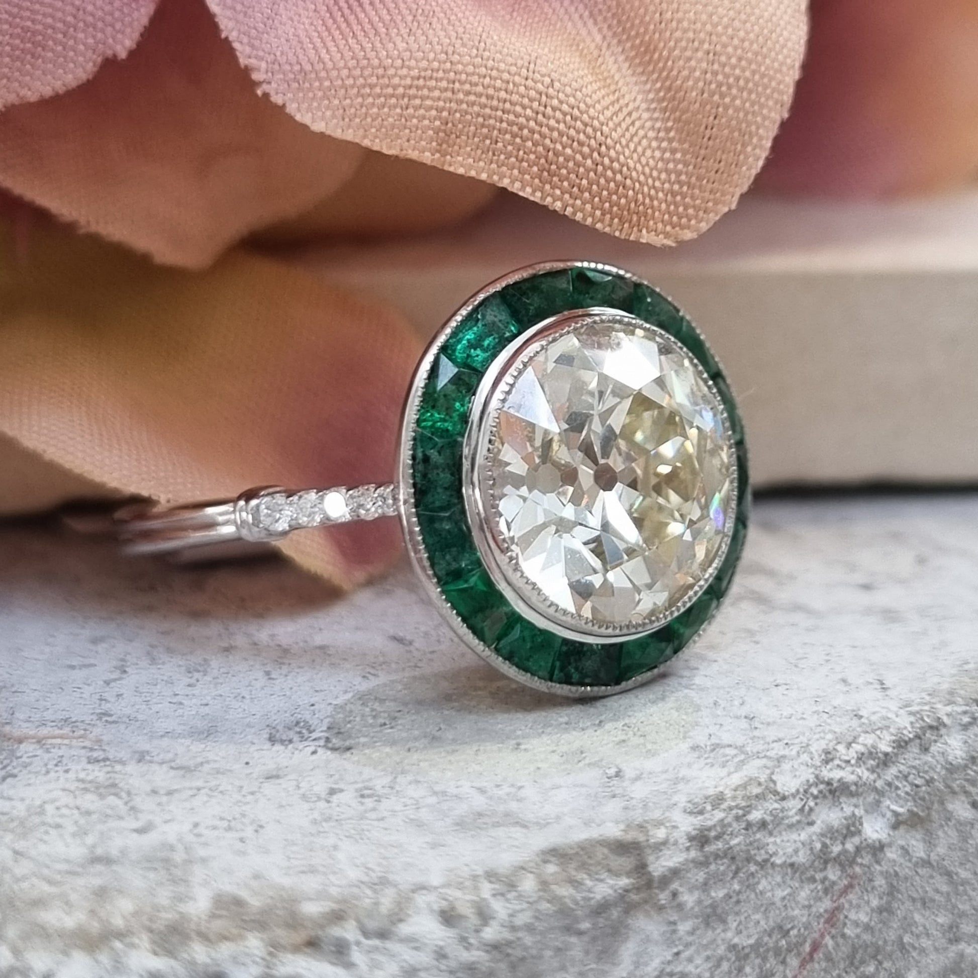 3.30ct Old Cut Diamond and Emerald Halo Cluster Engagement Ring