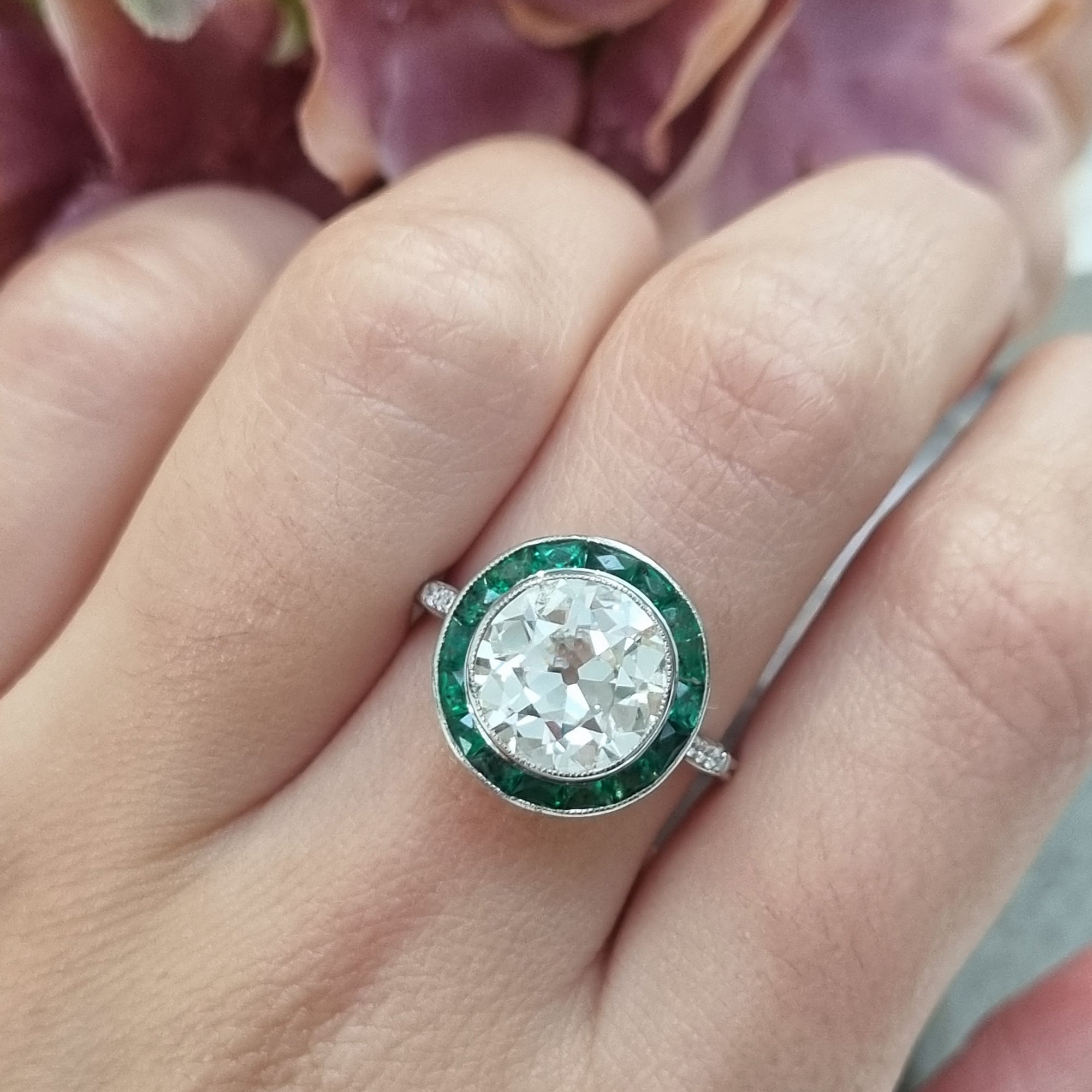 3.30ct Old Cut Diamond and Emerald Halo Cluster Engagement Ring