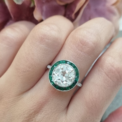 3.30ct Old Cut Diamond and Emerald Halo Cluster Engagement Ring