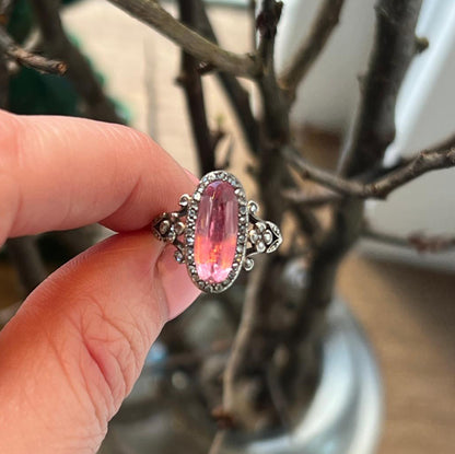 Antique French Jules Cauvain Oval Pink Topaz and Rose Cut Diamond Cluster Engagement Ring in 18ct Gold
