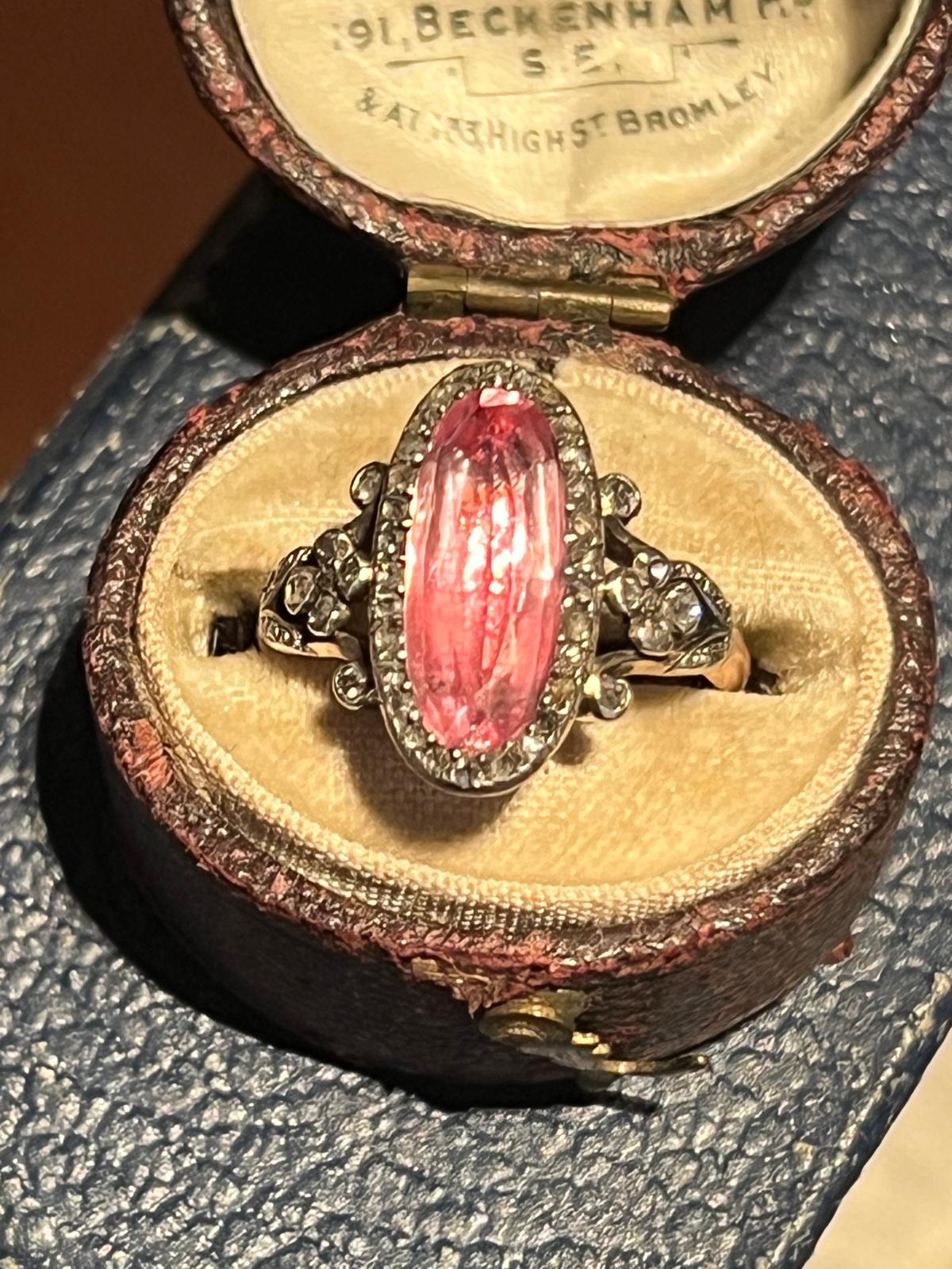 Antique French Jules Cauvain Oval Pink Topaz and Rose Cut Diamond Cluster Engagement Ring in 18ct Gold