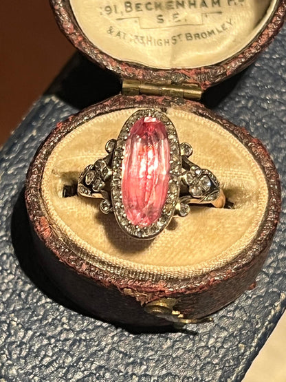 Antique French Jules Cauvain Oval Pink Topaz and Rose Cut Diamond Cluster Engagement Ring in 18ct Gold