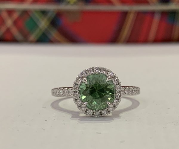 1.50ct Afghanistan Mint Tourmaline and Diamond Cluster Ring, 18ct White Gold