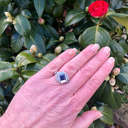 Vintage Square Cut Sapphire and Diamond Engagement Ring