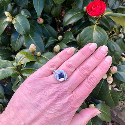 Vintage Square Cut Sapphire and Diamond Engagement Ring