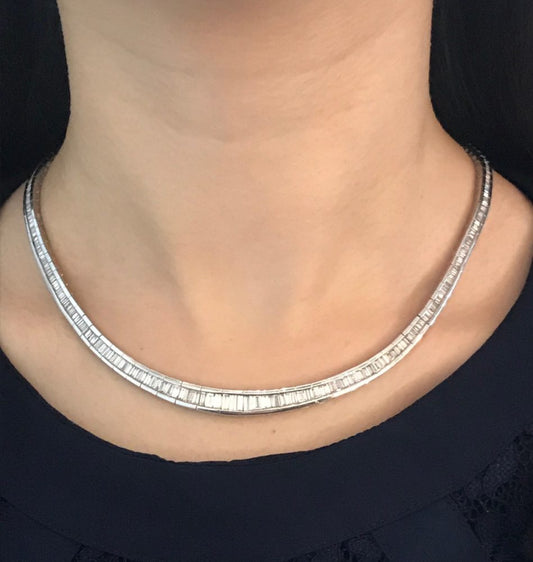 Vintage Baguette Cut Diamond Line Rivière Necklace Platinum, 20 carats