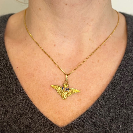 A yellow gold Royal Air Force wings pendant with the initials FIM in blue enamel, modelled on a gold chain