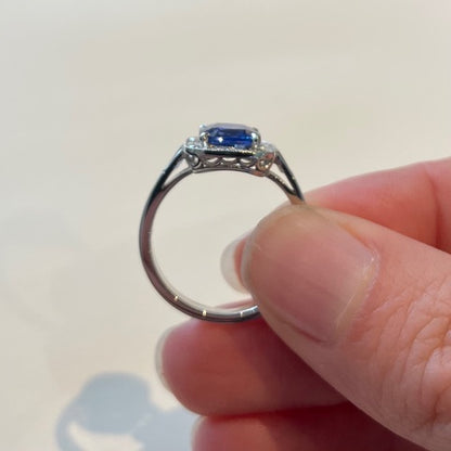 Cushion Cut Sapphire and Diamond Cluster Engagement Ring