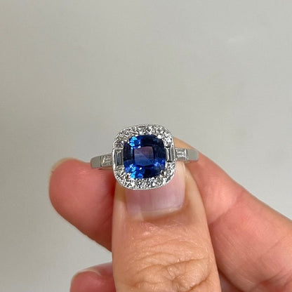 Cushion Cut Sapphire and Diamond Cluster Engagement Ring