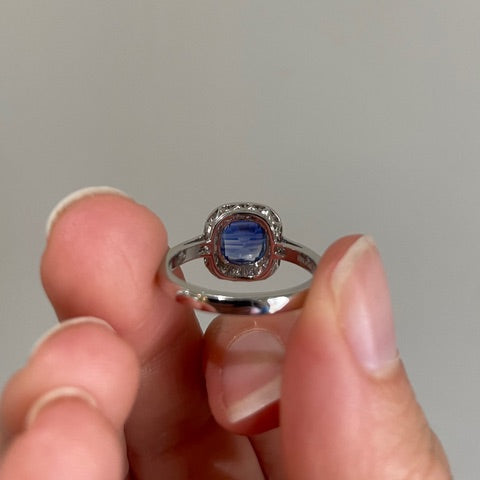 Cushion Cut Sapphire and Diamond Cluster Engagement Ring