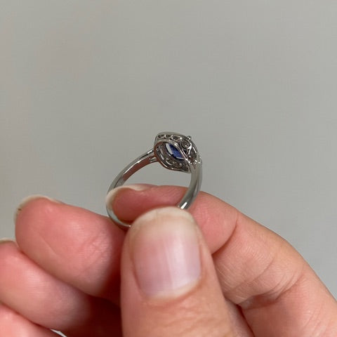 Cushion Cut Sapphire and Diamond Cluster Engagement Ring