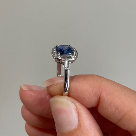 Cushion Cut Sapphire and Diamond Cluster Engagement Ring