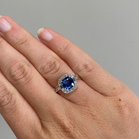 Cushion Cut Sapphire and Diamond Cluster Engagement Ring