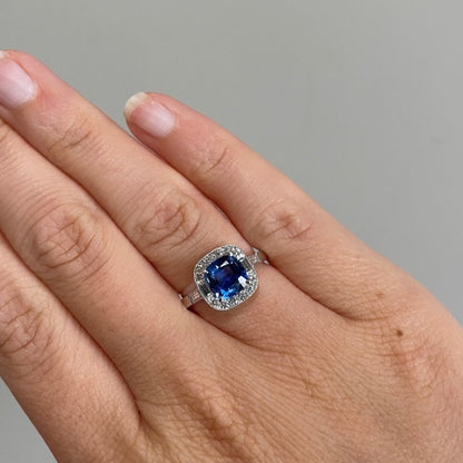 Cushion Cut Sapphire and Diamond Cluster Engagement Ring