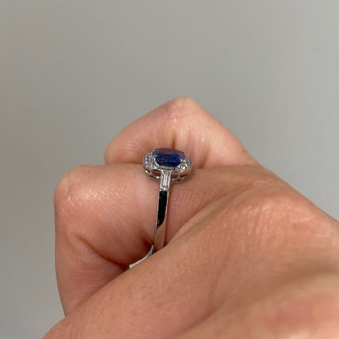 Cushion Cut Sapphire and Diamond Cluster Engagement Ring