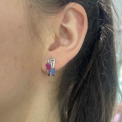 Contemporary Ruby, Sapphire and Diamond Hoop Earrings In White Gold