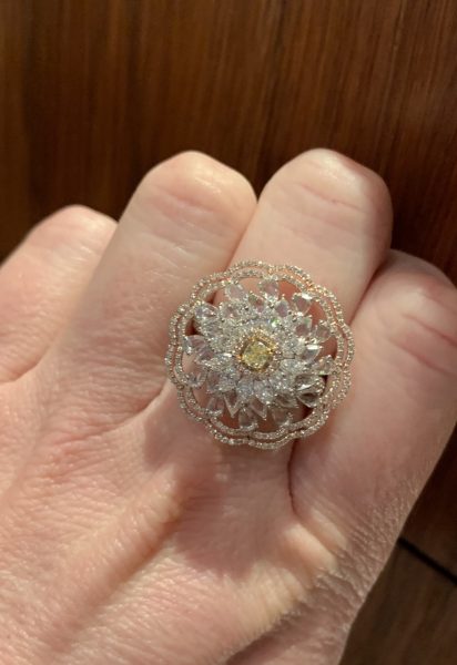 Fancy Yellow Diamond Floral Cluster Dress Ring, 3.79 carat total