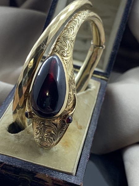 Antique Victorian Garnet Snake Bangle, Circa 1860