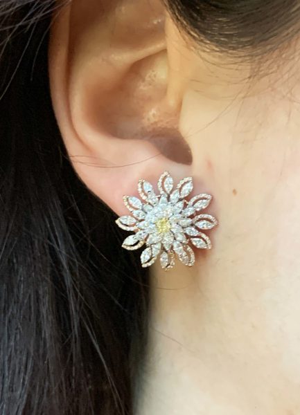 Pair of Fancy Yellow Diamond Floral Daisy Cluster Earrings, 3.55 carats